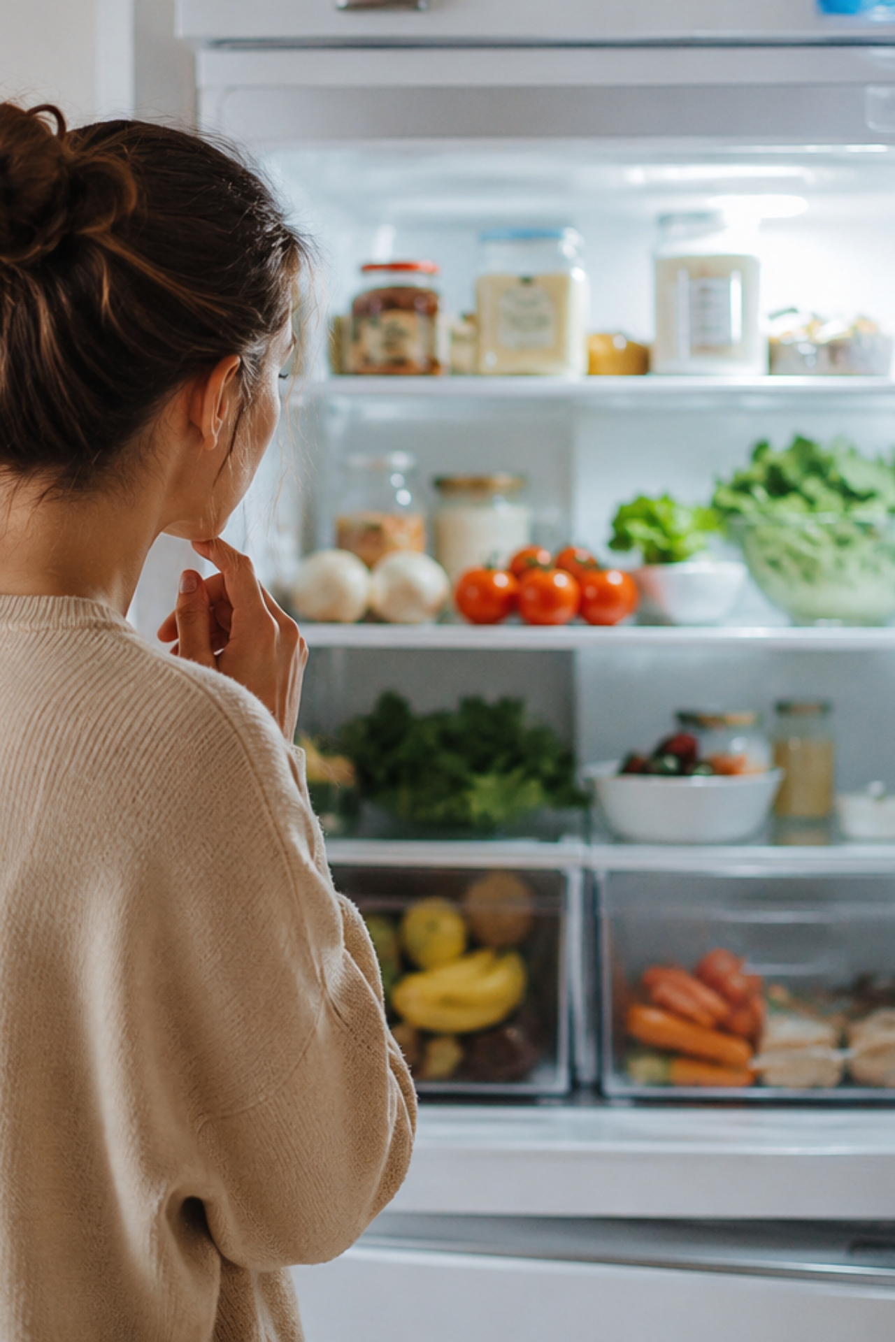 femme qui hesite devant son frigo